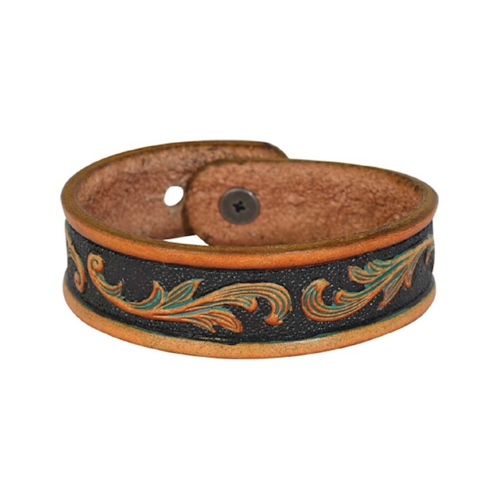 Justin Tooled Genuine Leather Bracelet Black Wsaddle/Carving Snap Close Nwt
